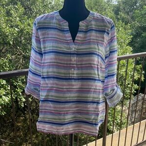Talbots Blue and Pink Relaxed Mandarin Collar Linen Tunic Sz Medium Petite
